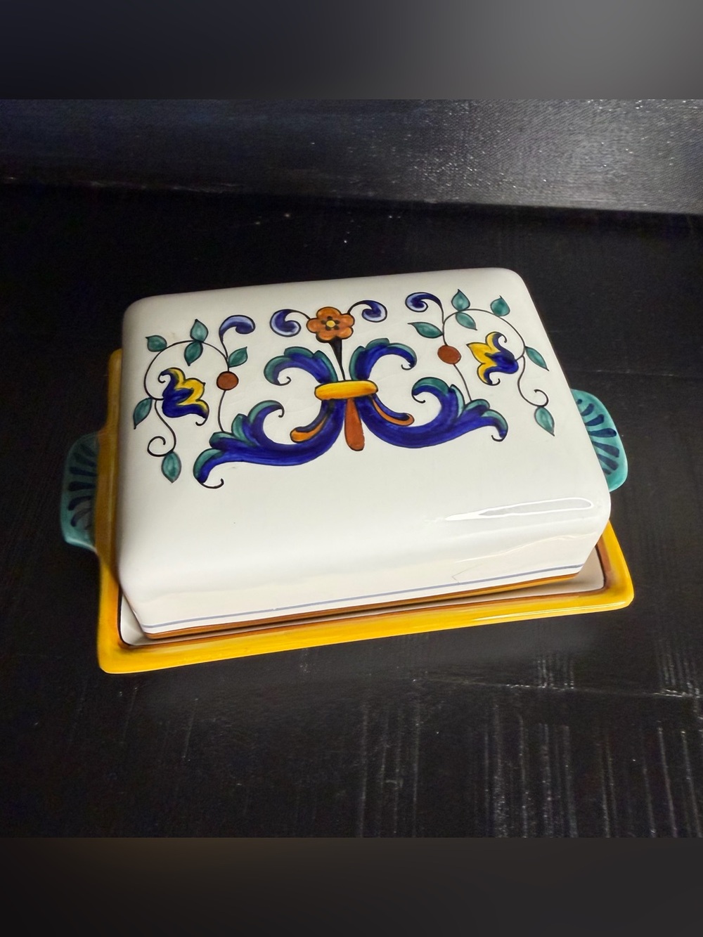 Hand-Painted Ceramic Butter Dish in White, Yellow and Teal
